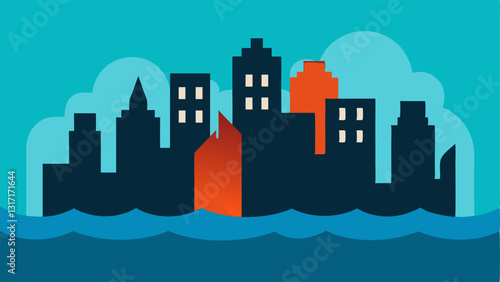 Rising Sea Levels An of a coastal city silhouette with water rising around buildings depicting the impact of rising sea levels on urban areas.