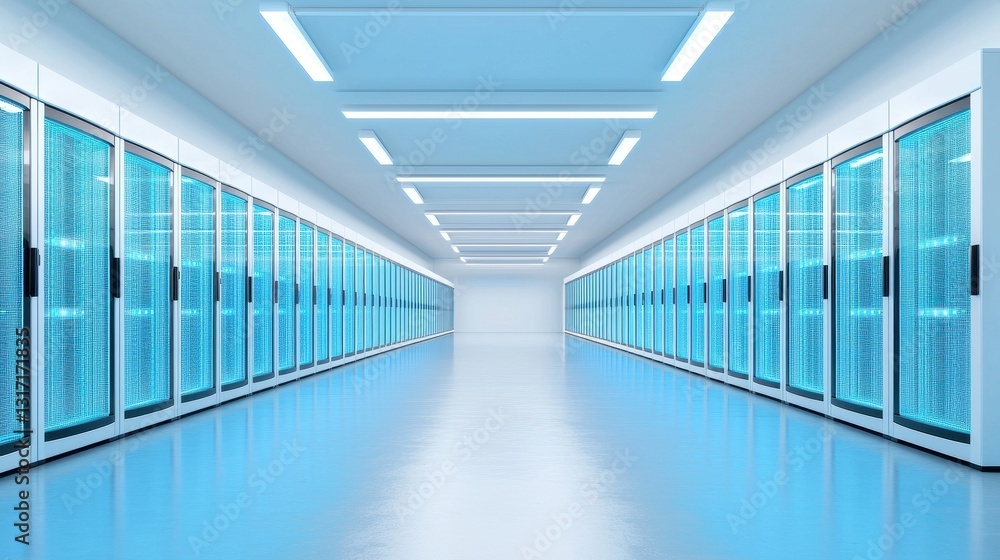 Modern Data Center with Blue Lighting and Server Racks Modern Data Center with Blue Lighting and Server Racks