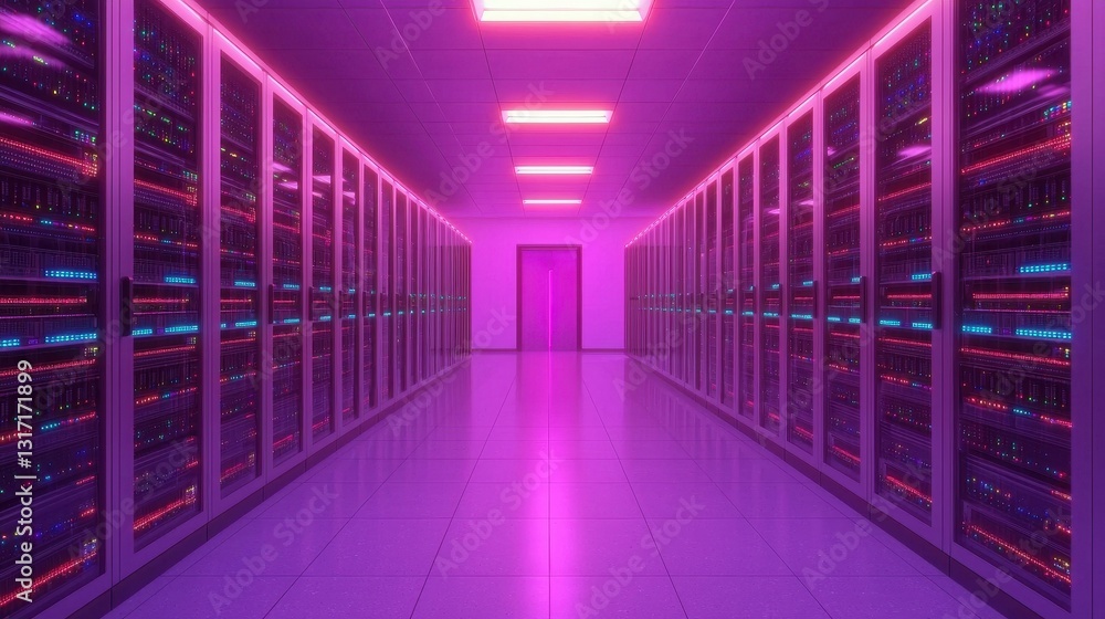 Fototapeta premium Neon-Lit Data Center with Rows of Server Racks and Pink Lighting