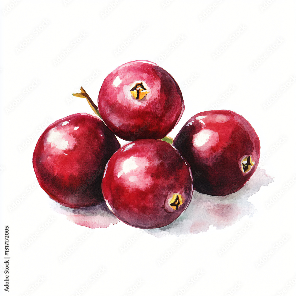 Fototapeta premium Watercolor hand-drawn cranberry painting illustration isolated on a white background, plant and fruits illustration painting, AI, Watercolor hand-painting, AI