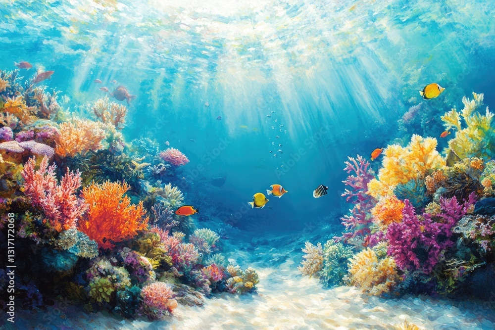 Fototapeta premium Vibrant coral reef teeming with colorful fish, bathed in sunlight, showcasing underwater beauty.