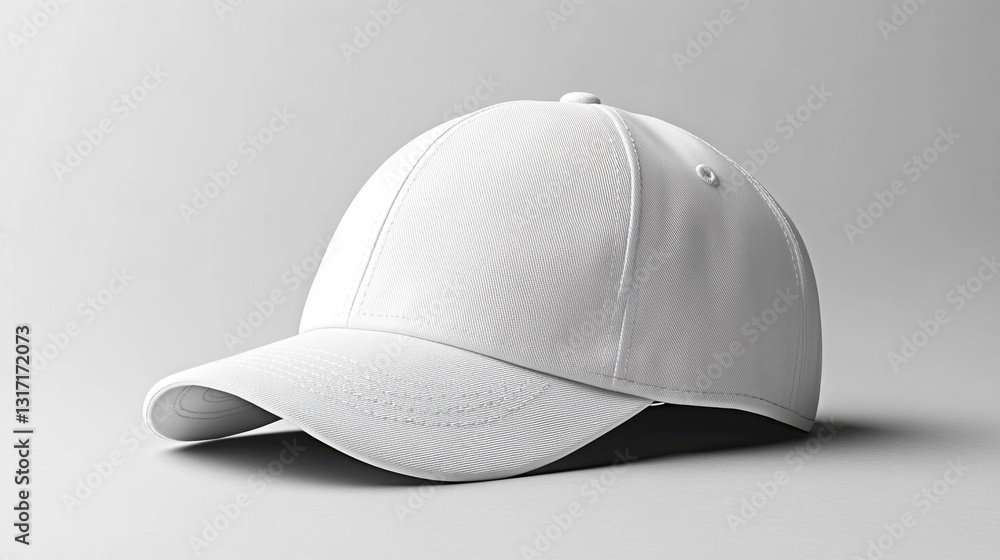 White mockup of a baseball cap placed on a flat surface with soft lighting, showcasing its simple design White mockup of a baseball cap placed on a flat surface with soft lighting, showcasing its simple design