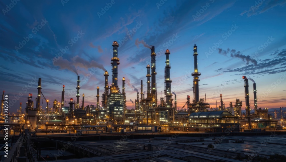 Fototapeta premium Vibrant Industrial Refinery Silhouetted Against Dramatic Sunset Sky in Urban Landscape