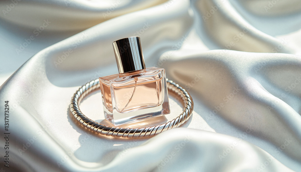 Perfume bottle elegantly placed on luxurious satin fabric with a golden bracelet