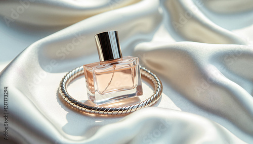 Obraz na płótnie Perfume bottle elegantly placed on luxurious satin fabric with a golden bracelet w salonie
