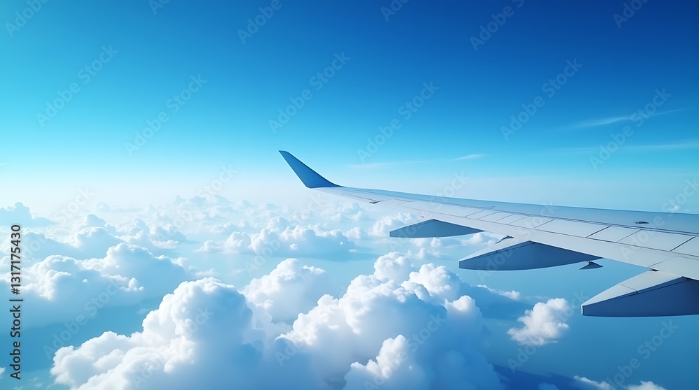 Obraz premium A Breathtaking View From An Airplane Window Soaring Above A Boundless Sea Of Fluffy White Clouds Under A Vibrant Blue Sky