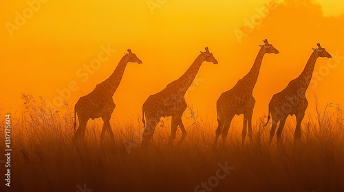 Four giraffes silhouetted against a vibrant orange sunset in the African savanna.