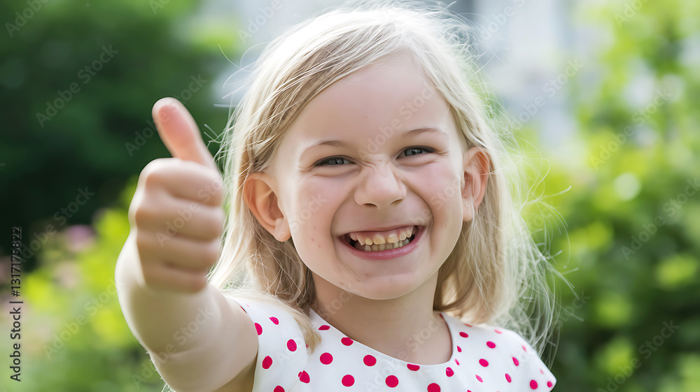 Joyful Girl in Polka Dot Dress Giving Thumbs-Up Joyful Girl in Polka Dot Dress Giving Thumbs-Up