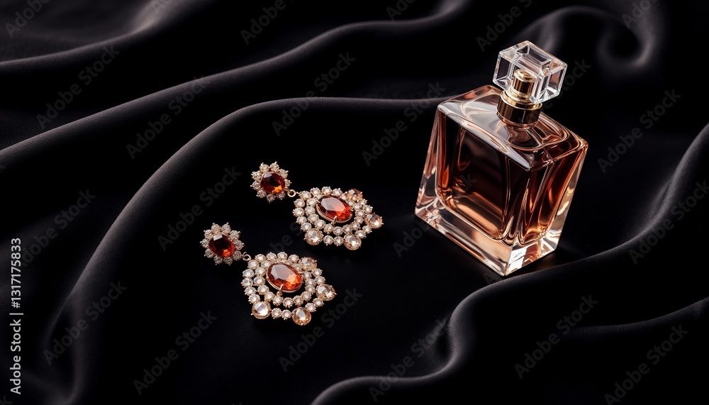Elegant perfume bottle paired with sparkling earrings on luxurious black satin