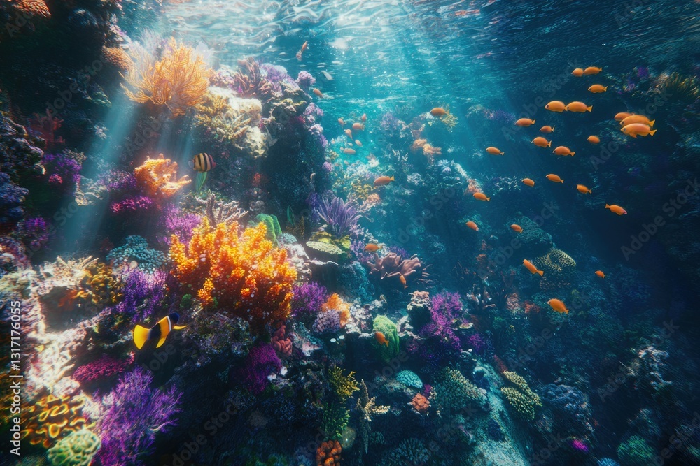 Vibrant coral reef teeming with diverse marine life, bathed in sunlight. Vibrant coral reef teeming with diverse marine life, bathed in sunlight.