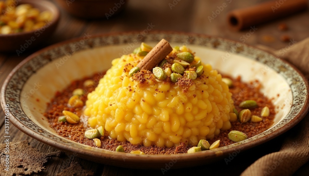Delicious plate of traditional sweet semolina pudding topped with pistachios and cinnamon