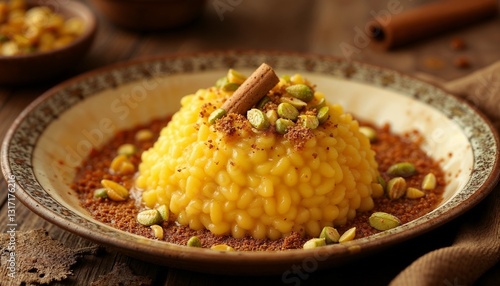 Obraz na płótnie Delicious plate of traditional sweet semolina pudding topped with pistachios and cinnamon w salonie