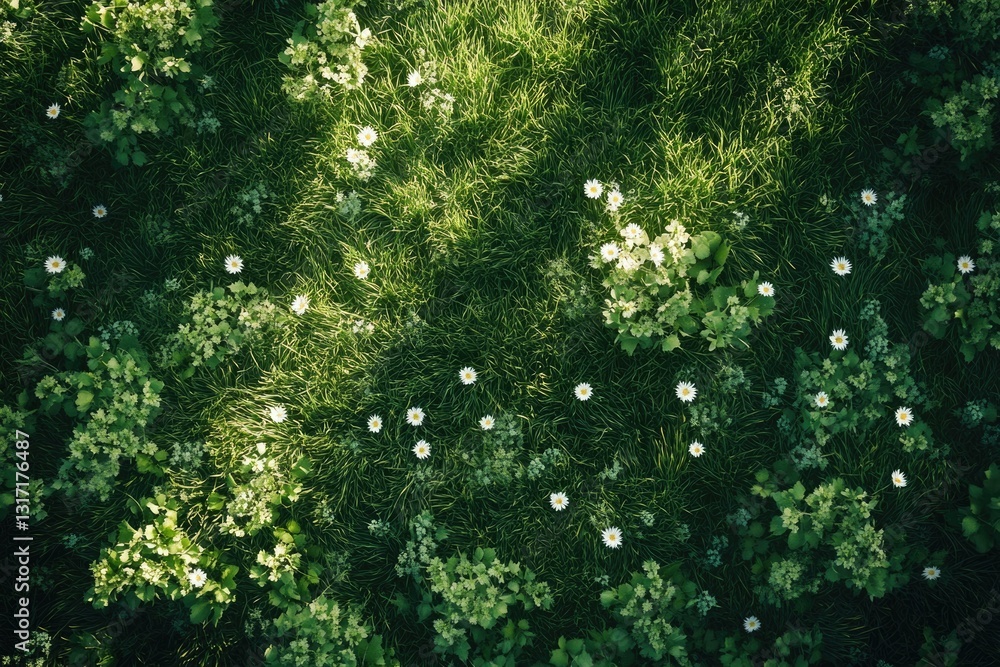 Fototapeta premium Aerial view of lush green grass interspersed with various flowering plants and daisies.