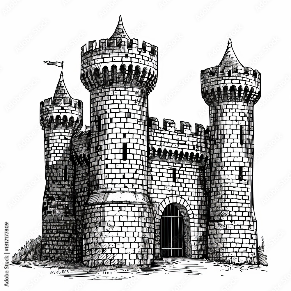 Obraz premium Detailed Castle Drawing with Towers, Stone Walls, and Gated Entrance