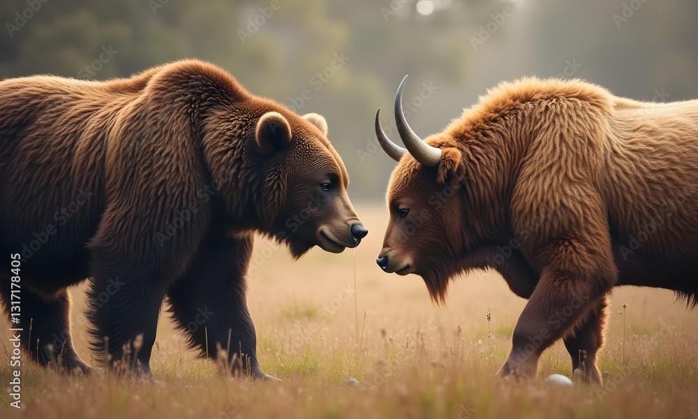 Fototapeta premium Intimate Portrait of Bear and Bull in Contemplative Moment