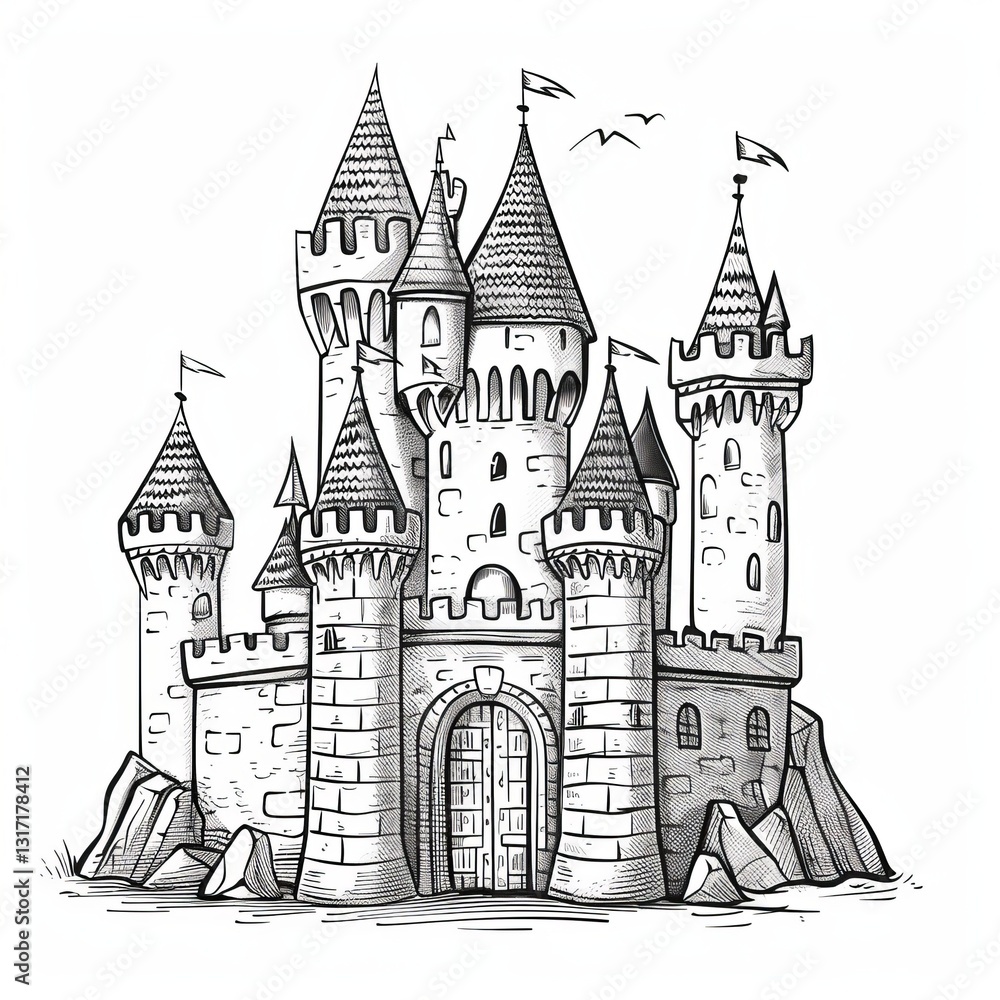 Detailed Castle Illustration with Towers and Flags for Storybooks Detailed Castle Illustration with Towers and Flags for Storybooks