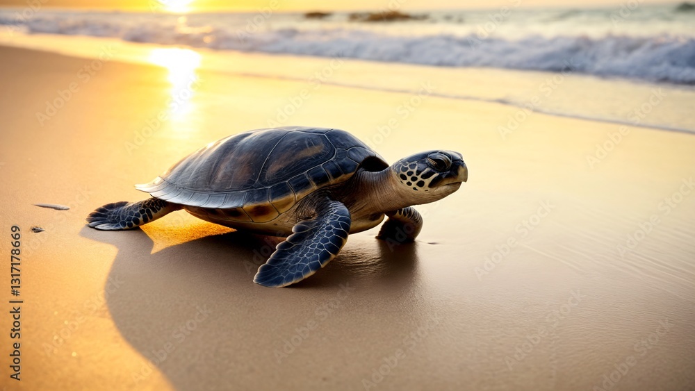 Obraz premium A turtle walking on a sandy beach at sunset.