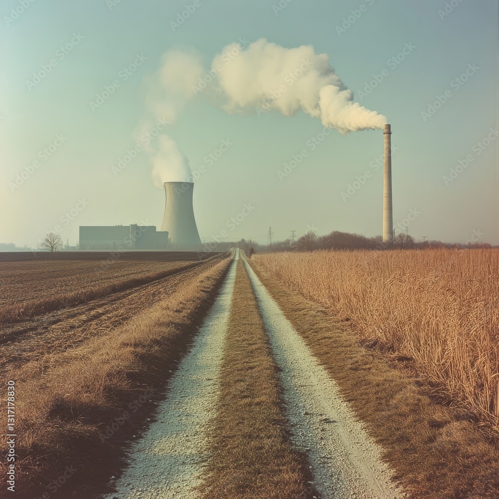 Agricultural road, power station backdrop. Agricultural road, power station backdrop.