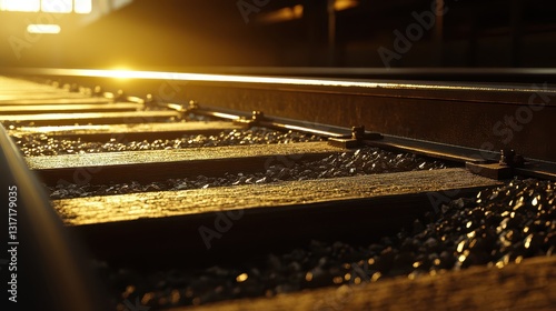 Close-Up View of Railway Tracks with Steel Rails Illuminated by Soft Sunset Light