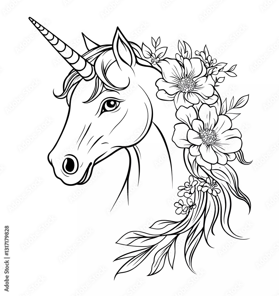 Black and white vector outline of a unicorn head with flowers for a coloring book