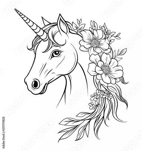 Obraz na płótnie Black and white vector outline of a unicorn head with flowers for a coloring book w salonie