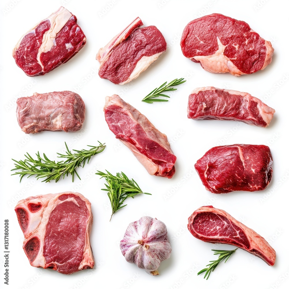 Luxurious collection of fresh raw meats showcasing premium beef and veal cuts with herbs on a clean white surface. Generative AI Luxurious collection of fresh raw meats showcasing premium beef and veal cuts with herbs on a clean white surface. Generative AI