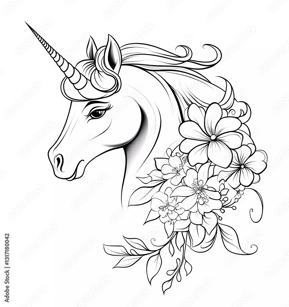 Black and white vector outline of a unicorn head with flowers for a coloring book