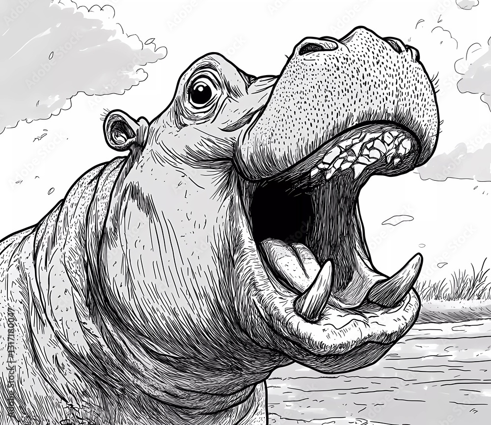 A cute cartoon hippopotamus with an open mouth, a simple black and white coloring page for kids aged 2 and up, with thick lines,