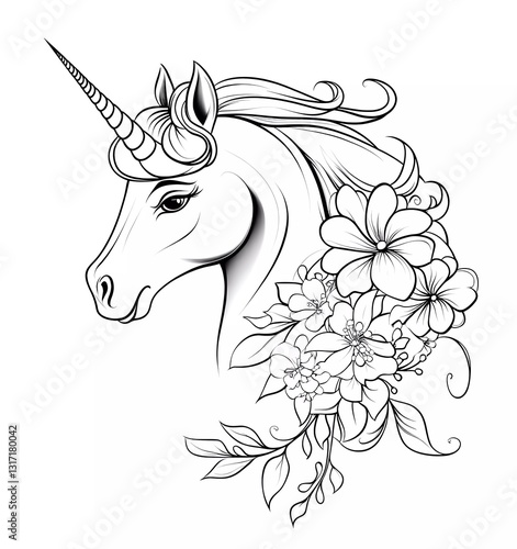 Obraz na płótnie Black and white vector outline of a unicorn head with flowers for a coloring book w salonie