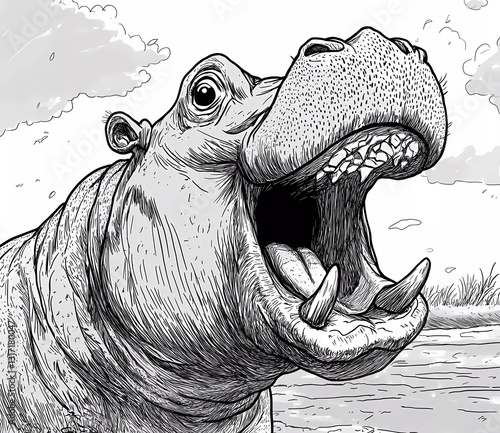 Obraz na płótnie A cute cartoon hippopotamus with an open mouth, a simple black and white coloring page for kids aged 2 and up, with thick lines, w salonie