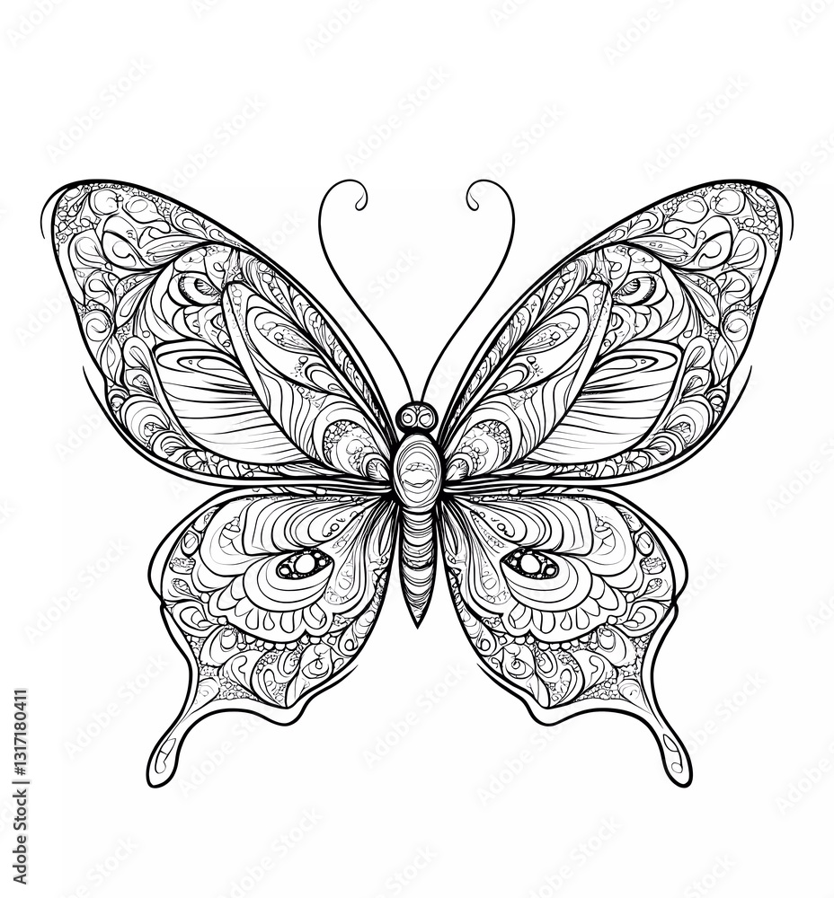 Butterfly zentangle vector coloring page for adults, white background, simple design, no details, thin lines, black and white only, coloring book style