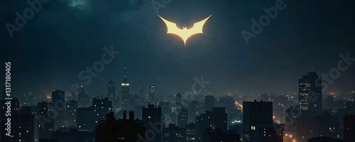 Iconic Bat-Signal shining in the night sky over Gotham City