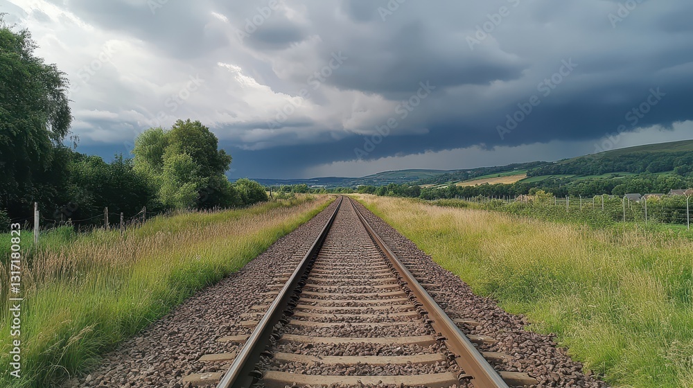 Fototapeta premium Dramatic Landscape of Railway Tracks Under a Stormy Sky Surrounded by Lush Greenery and Rolling Hills