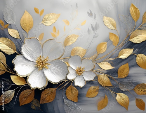 abstract oil painting art flower and leaves painting elegant white golden and silver wallpapers banners posters cards murals rugs wall hanging paintings
