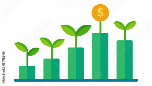 Green Financing Bar Chart A bar chart with bars resembling green plants growing showing increasing investment in renewable energy sectors over time with coins beside each bar