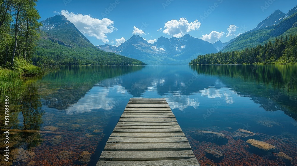 A serene landscape featuring a calm lake surrounded by majestic mountains. A serene landscape featuring a calm lake surrounded by majestic mountains.