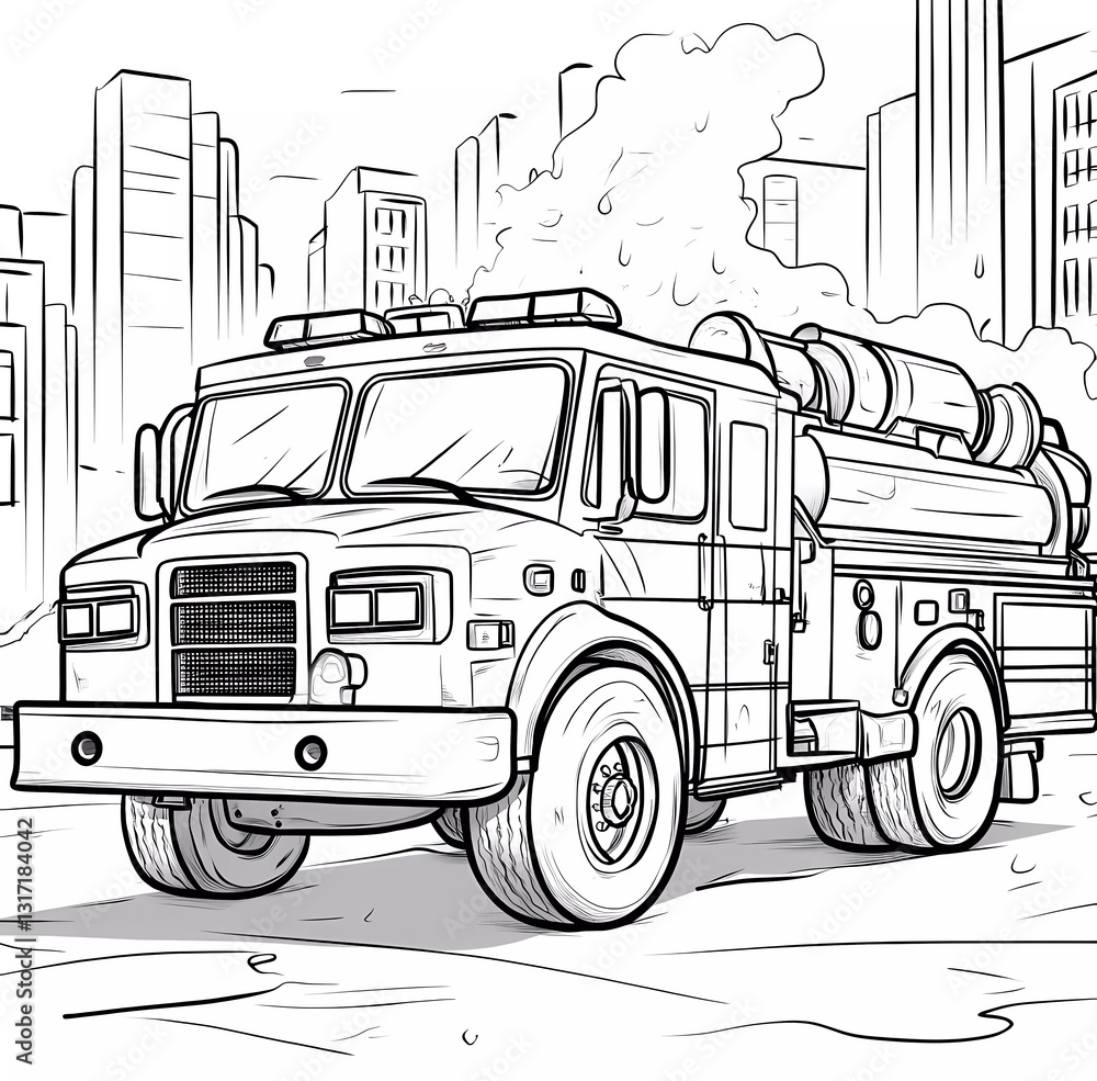 Cute cartoon fire truck with a water hose, in a simple black and white vector style for a coloring book, on a city street background