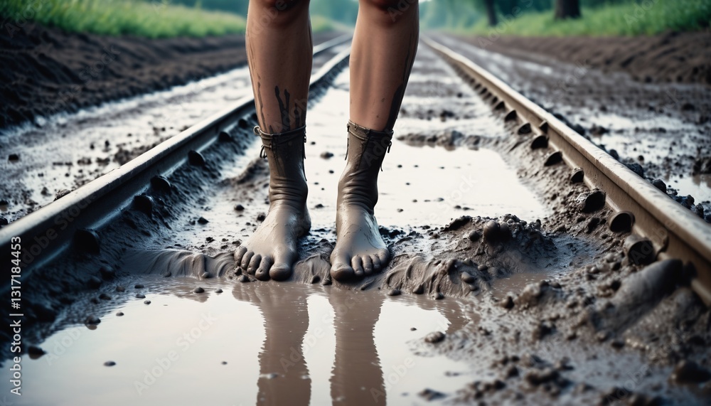 Bare feet in mud swamp. Person kid walking in barefoot through muddy road in field. Boosting immunity. Generative AI