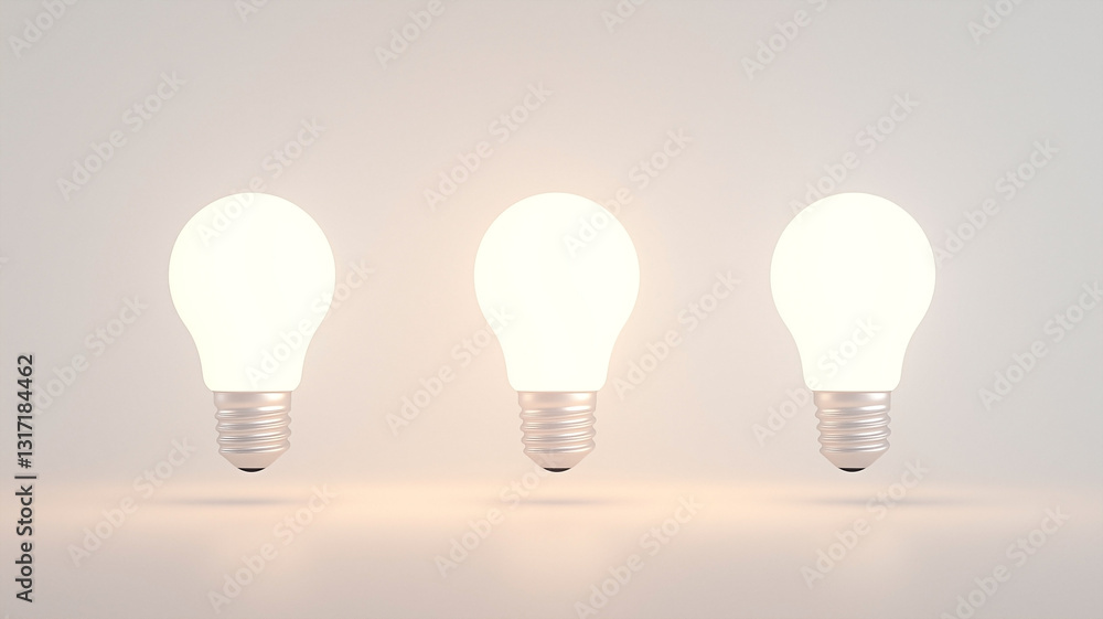 Three illuminated light bulbs symmetrically placed on a plain white background. Concept of creativity, bright ideas, and innovation. Three illuminated light bulbs symmetrically placed on a plain white background. Concept of creativity, bright ideas, and innovation.