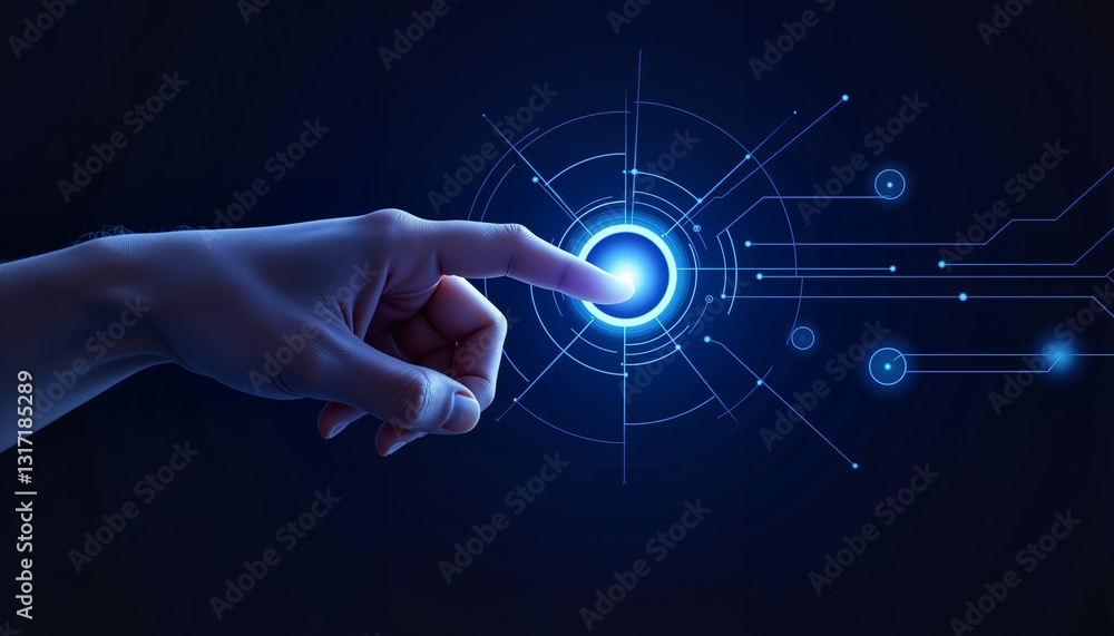 Hand reaching towards glowing digital interface, technological connection Hand reaching towards glowing digital interface, technological connection