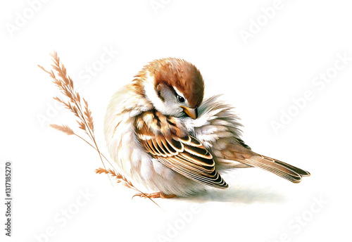 a sparrow grooming itself