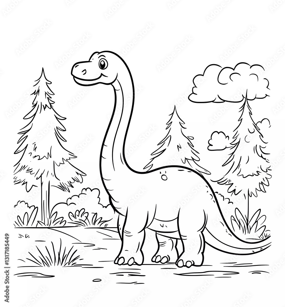 Cute Brachiosaurus Coloring Page for Kids: Simple and Clean Line Art Style Black lines on a white background