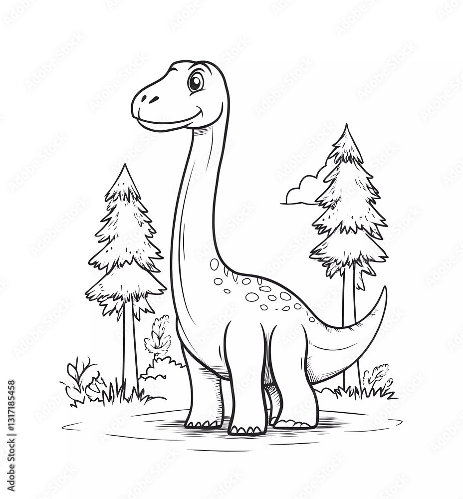 Cute Brachiosaurus Coloring Page for Kids: Simple and Clean Line Art Style Black lines on a white background