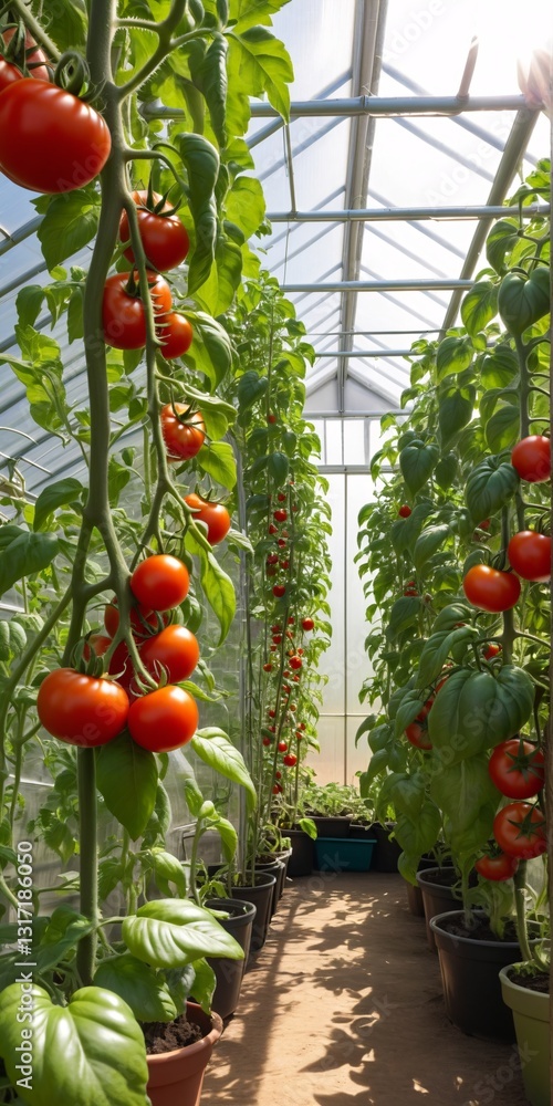 Tomato plants in greenhouse with sunlight filtering through leaves