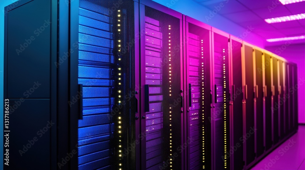 Modern Data Center with Colorful LED Lights and Server Racks Modern Data Center with Colorful LED Lights and Server Racks