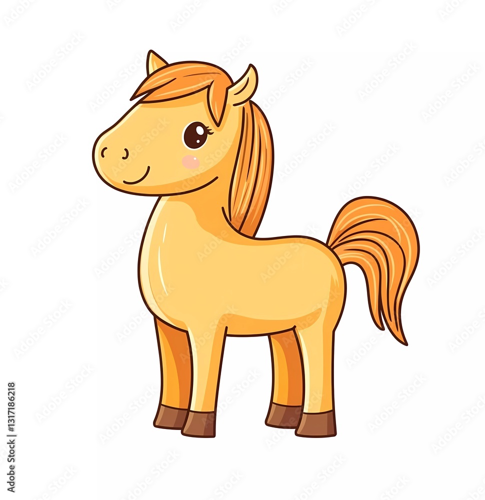 Cute cartoon horse coloring page for kids, simple line art drawing of a cute, friendly pony with a long mane and tail, simple vector illustration clipart set isolated on a white background