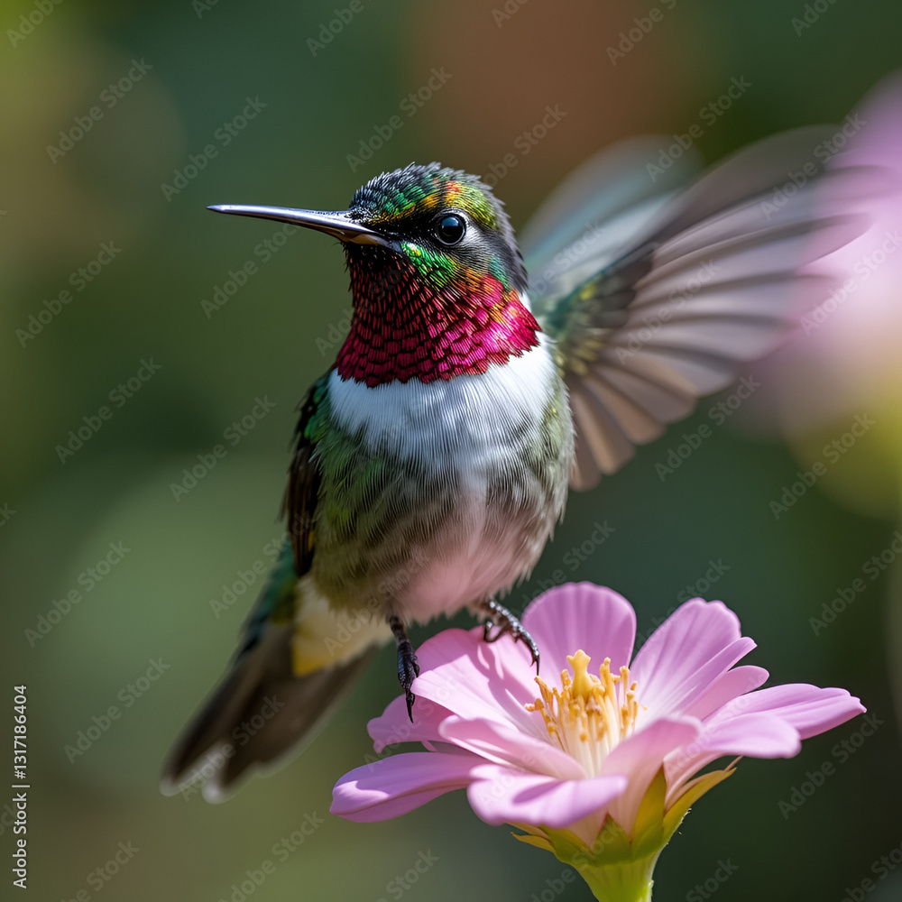 Fototapeta premium Vibrant ruby-throated hummingbird perches on a delicate flower, its iridescent feathers glimmering in sunlight, showcasing its striking emerald throat patch and swift, whirring wings.