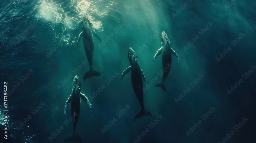 Fototapeta premium Underwater Ballet: Graceful Humpback Whales in the Ocean Depths
