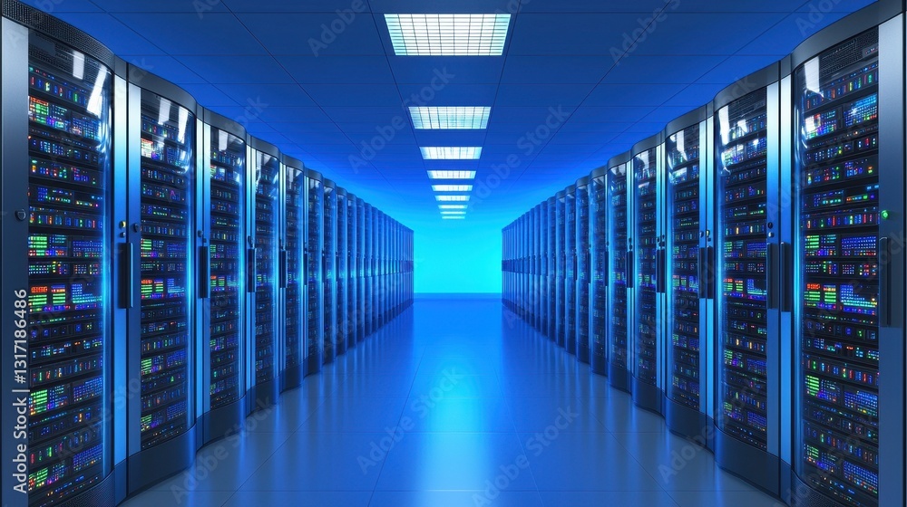 Fototapeta premium Modern Data Center Interior with Server Racks in Soft Blue Light