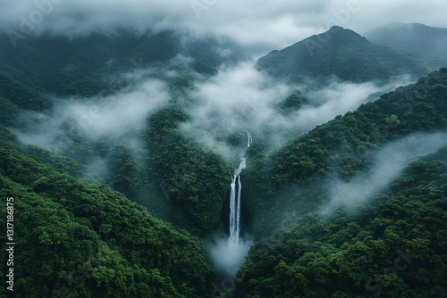 Misty Mountain Waterfall in Lush Green Forest photo